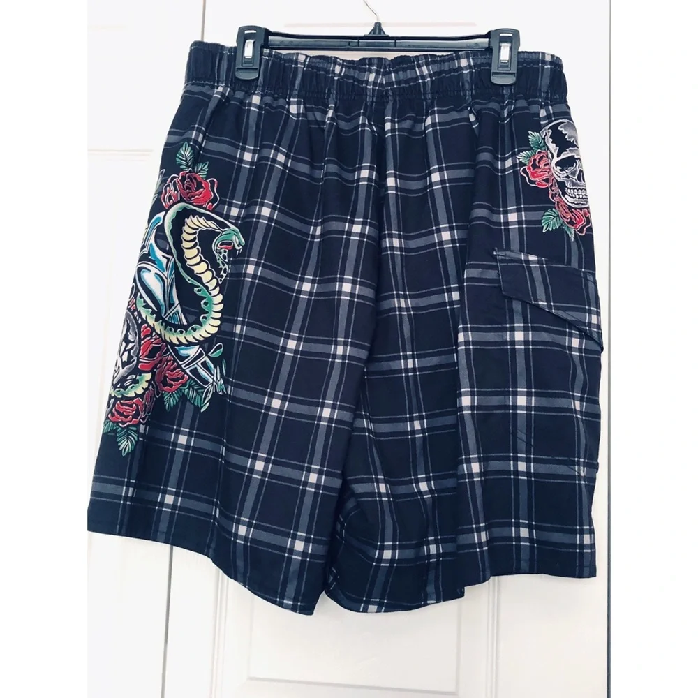 Joe Boxer Mens Plaid Blue Swim Trunks with Colorful Designs - Picture 4 of 7